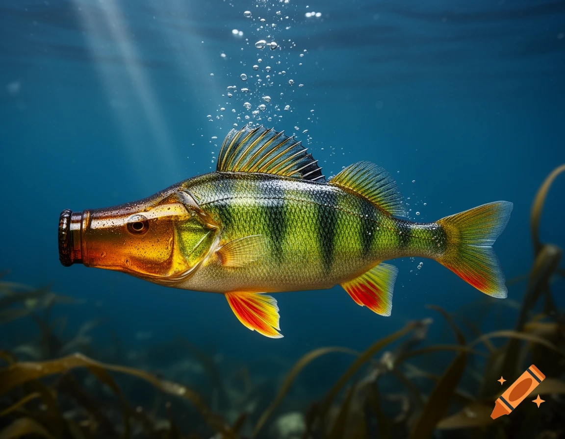 Photorealistic image of a green and yellow perch fish with the head of a brown glass beer bottle, swimming underwater.