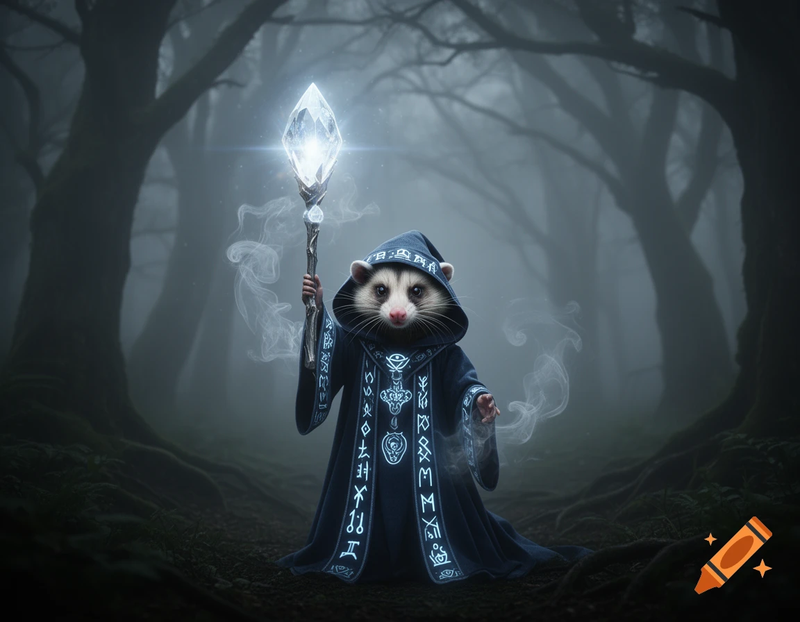 A possum wizard in a dark blue hooded robe with glowing runes holds a luminous crystal staff in a mystical, foggy forest.
