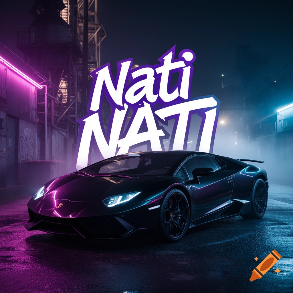 A black Lamborghini supercar with neon accents parked on a wet city street at night, with large glowing purple text "Nati NATI" above it.