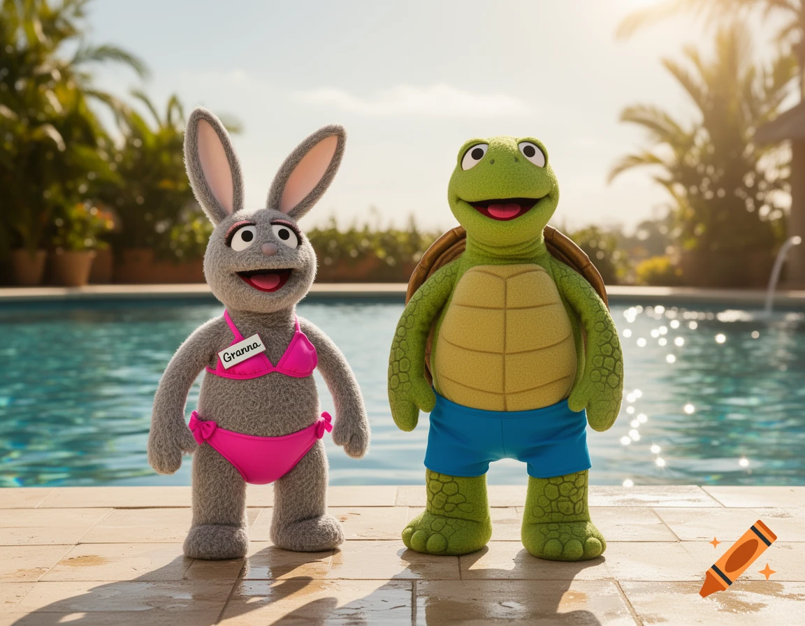 A grey bunny muppet in a pink bikini with a 'Granna' name tag and a green turtle muppet in blue swim shorts stand by a pool on a sunny day.