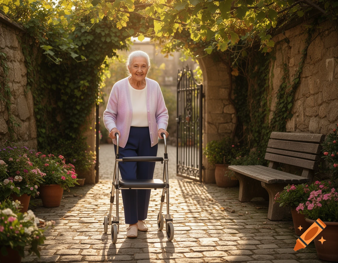 An elderly woman with a walker smiles while walking on a stone path in a sunny, ivy-covered garden.
