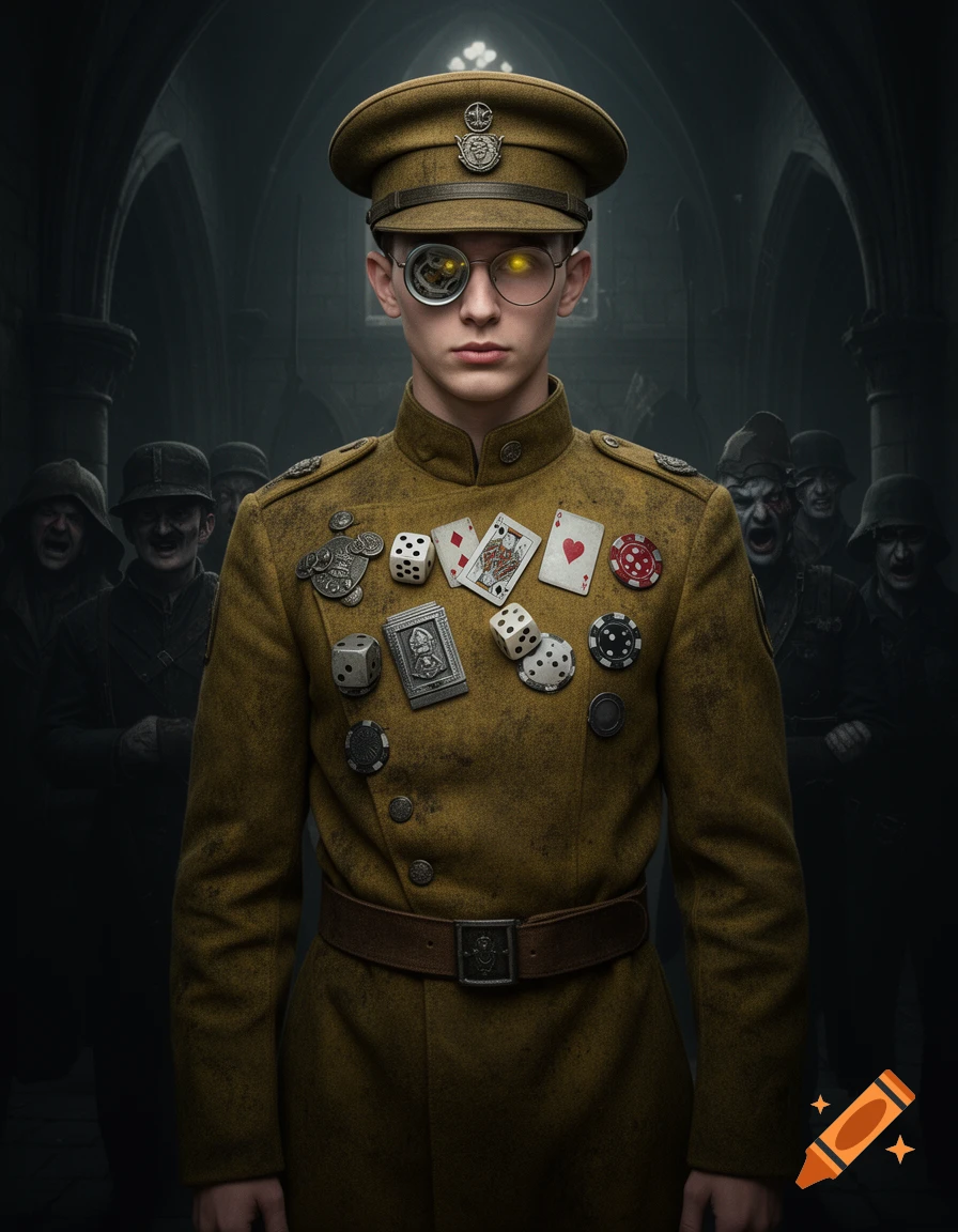 A young officer with a glowing eye and gambling badges on his uniform stands in a dark gothic church with shadowy monsters.