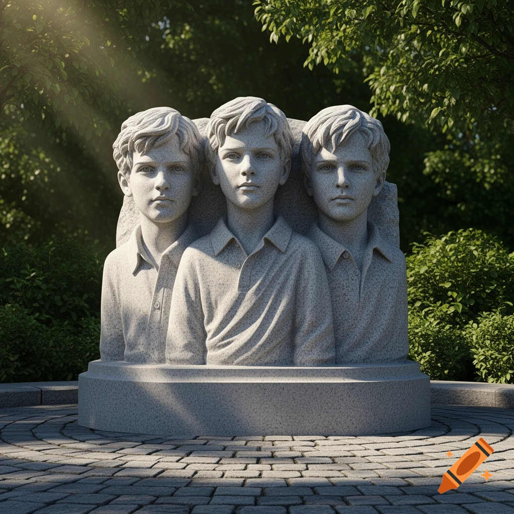 A photorealistic grey stone sculpture of three young boys' busts, outdoors in a sunlit park.
