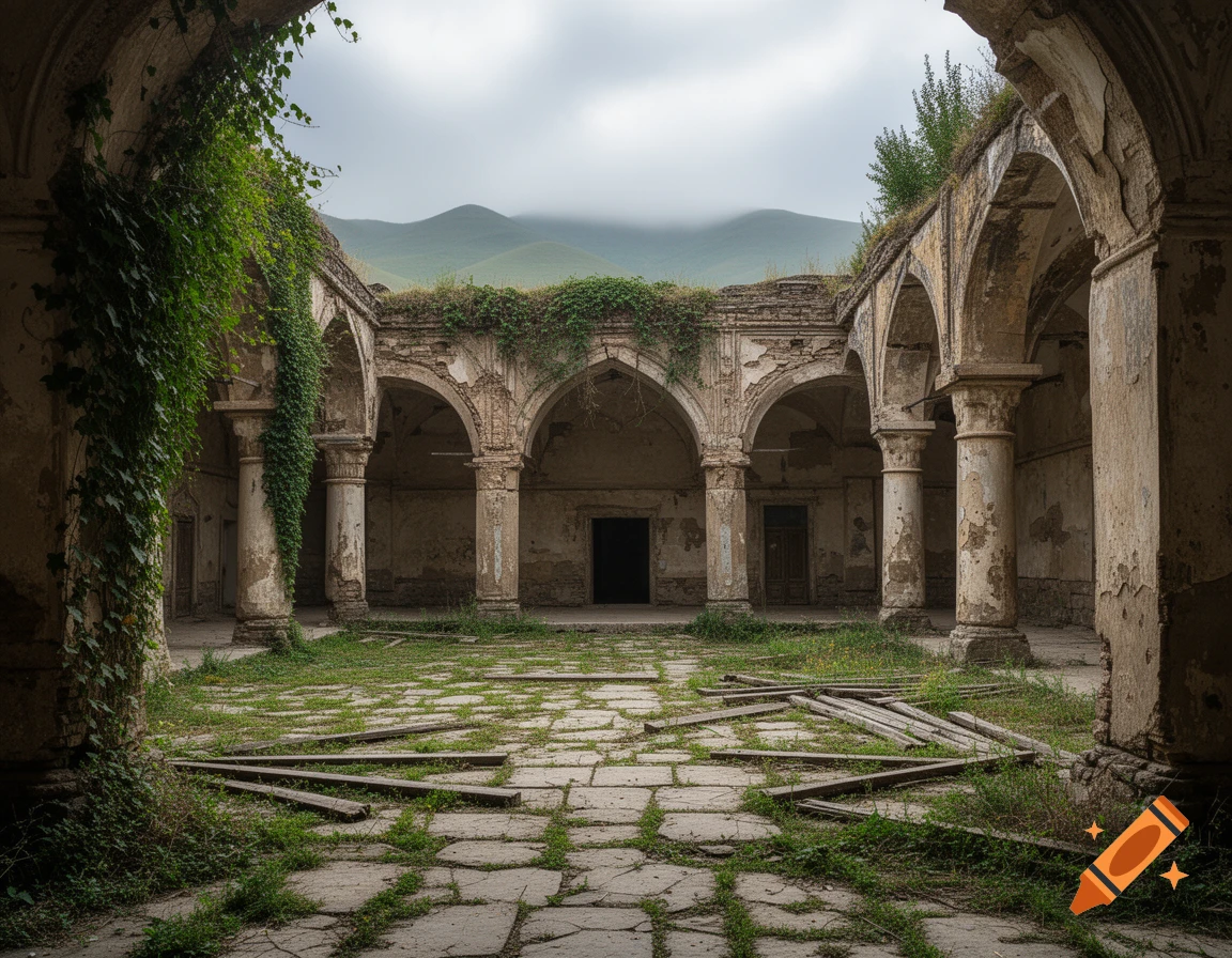 Overgrown ruined courtyard of an ancient building with arches, columns, and misty mountains in the background.
