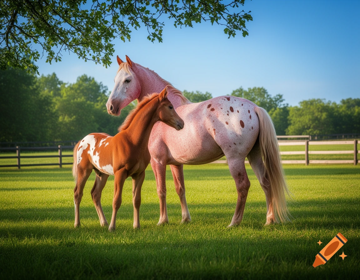 An adult Appaloosa horse with a pinkish-red roan coat and red spots stands next to its brown and white spotted foal in a green pasture under a blue sky.