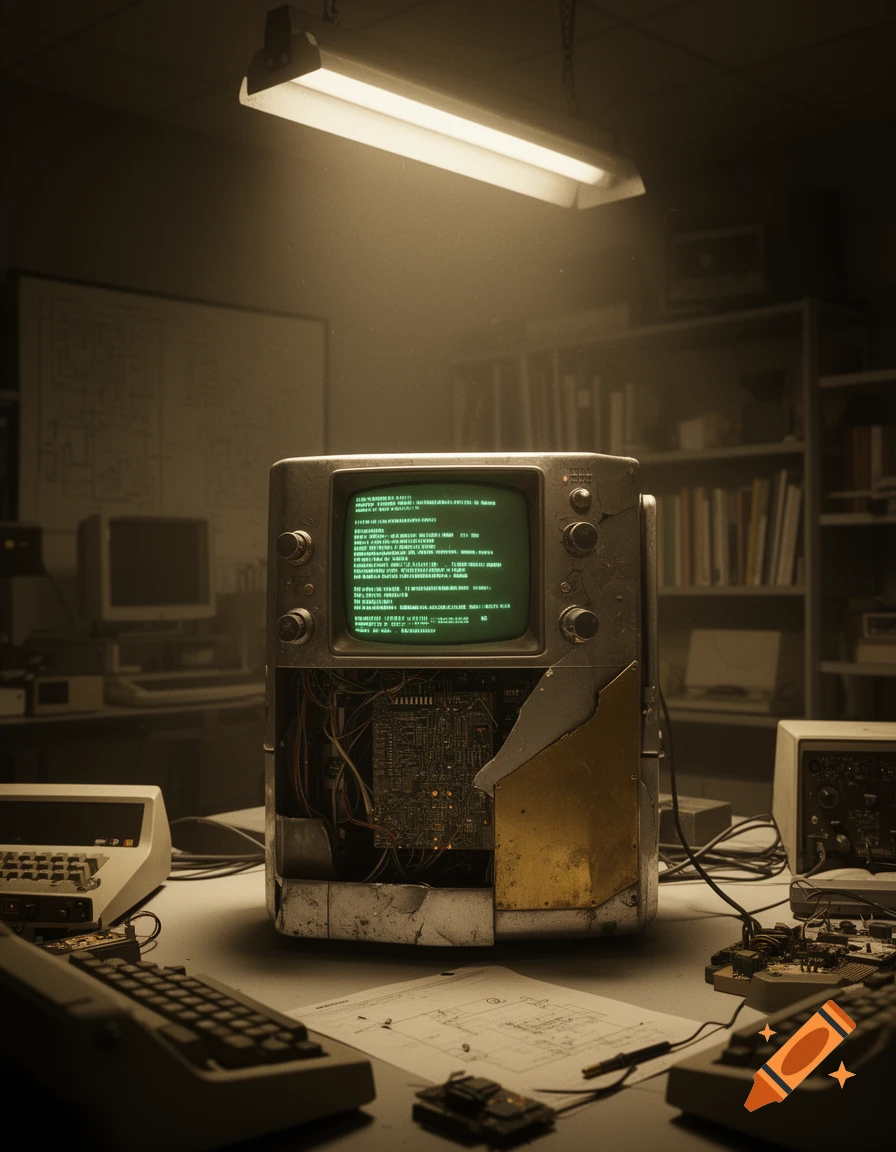A retro-futuristic computer with a glowing green screen displaying garbled text sits on a messy desk surrounded by old keyboards and circuit boards in a dimly lit room.