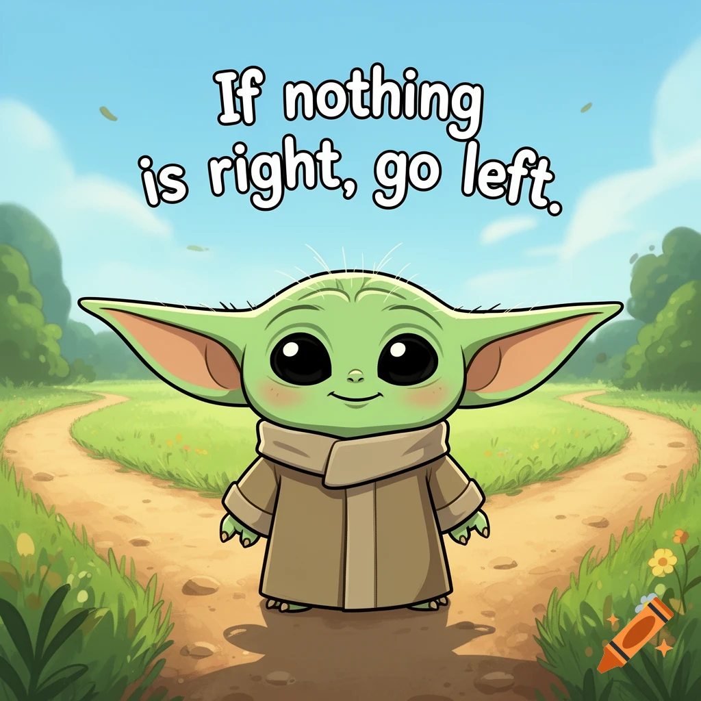 Cute cartoon Grogu stands at a fork in a dirt road, with the text 'If nothing is right, go left.' in a vibrant, whimsical style.