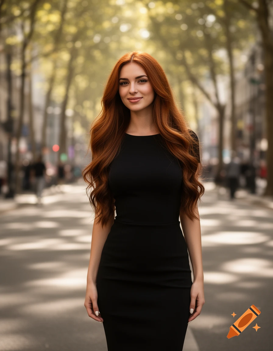 A photorealistic full-body shot of a smiling woman with long red hair wearing a black dress, standing on a tree-lined street.