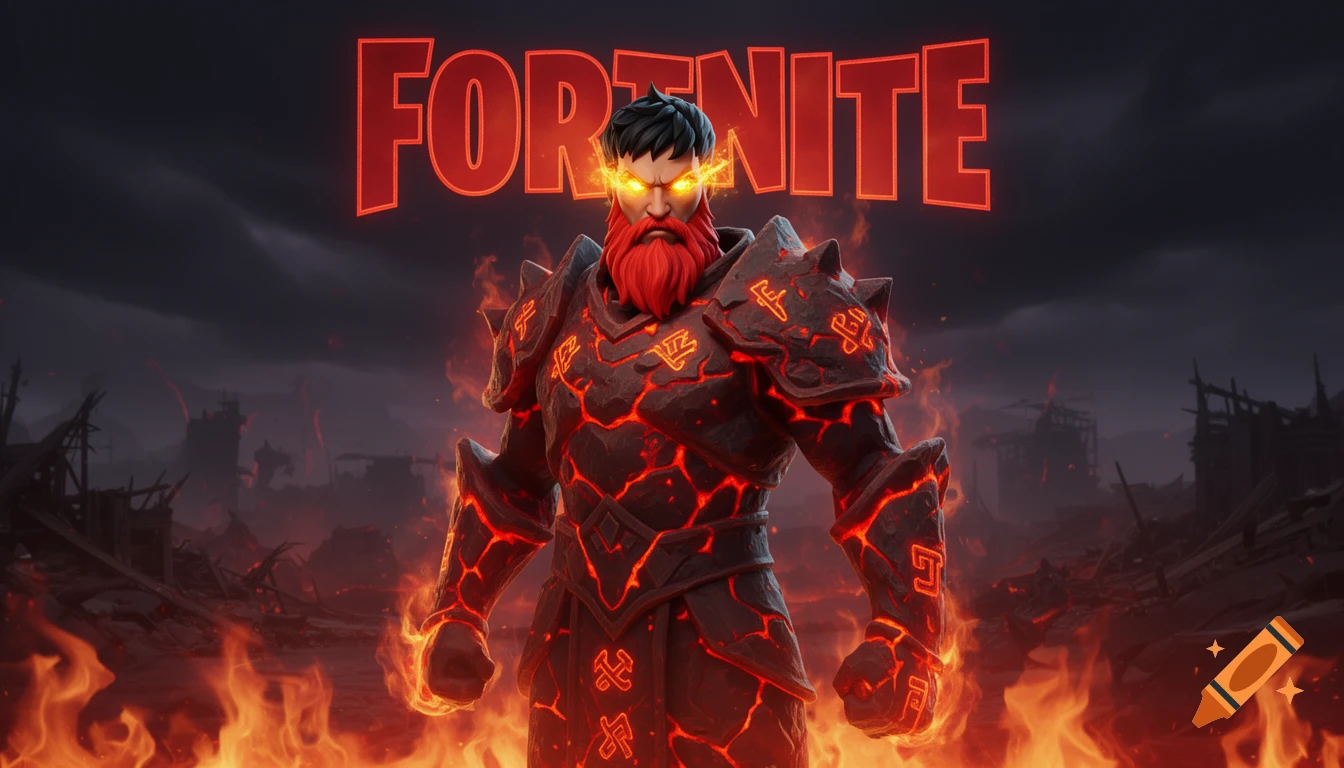 A red-bearded character in volcanic armor with fiery eyes stands in a desolate landscape under a FORTNITE logo.