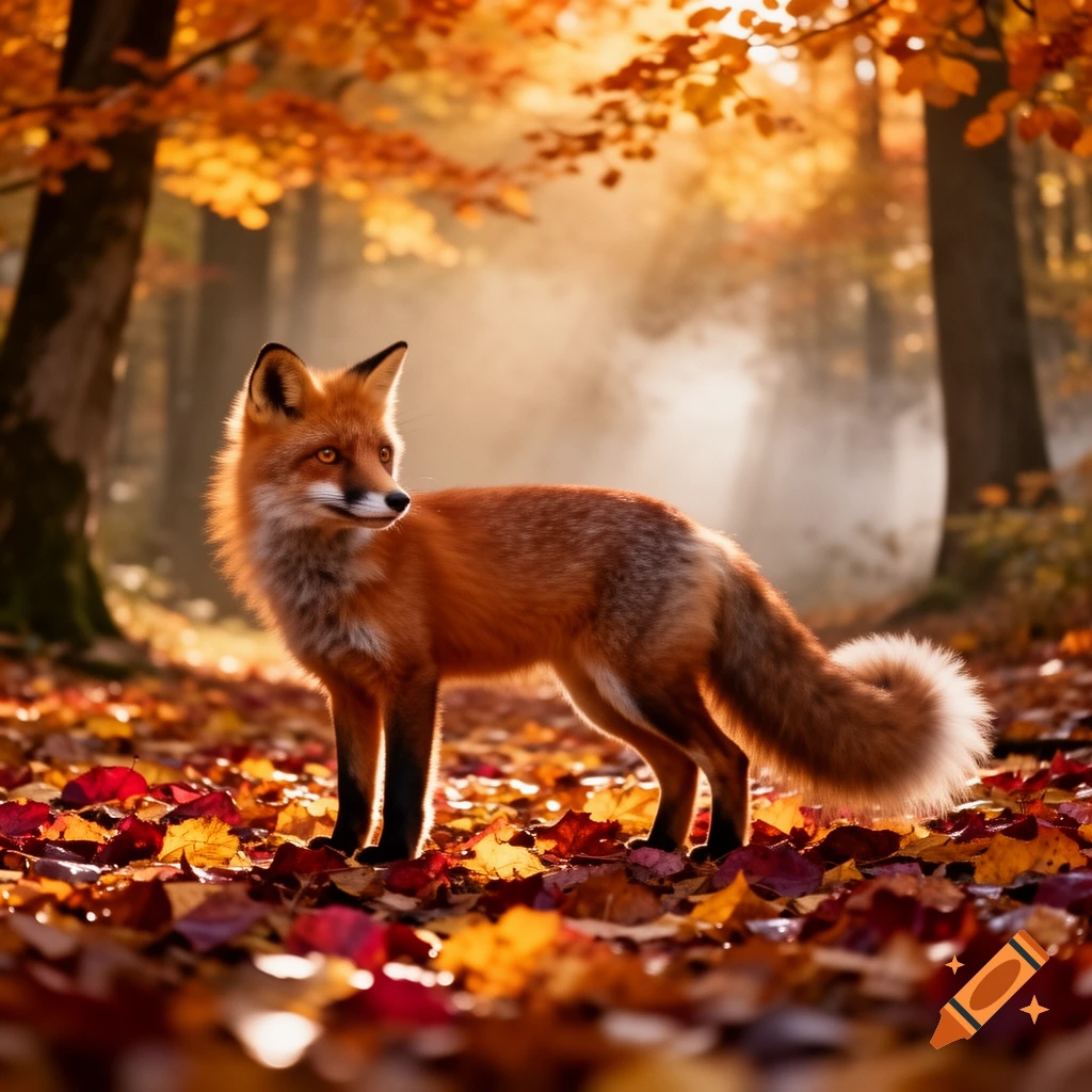 A photorealistic red fox with bright eyes standing in a sun-dappled autumn forest filled with colorful fallen leaves.