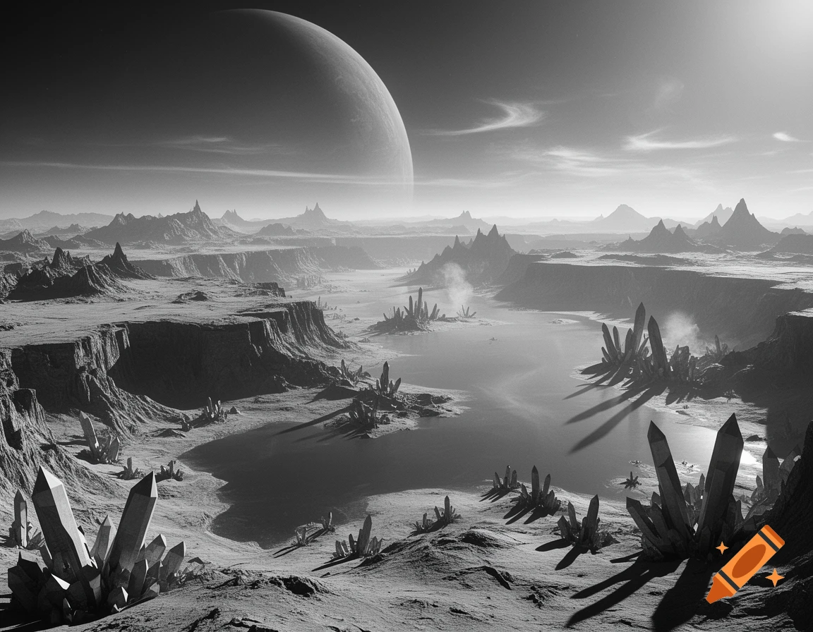 A photorealistic, black and white alien landscape with a large planet in the sky, sharp crystal formations, and water features.