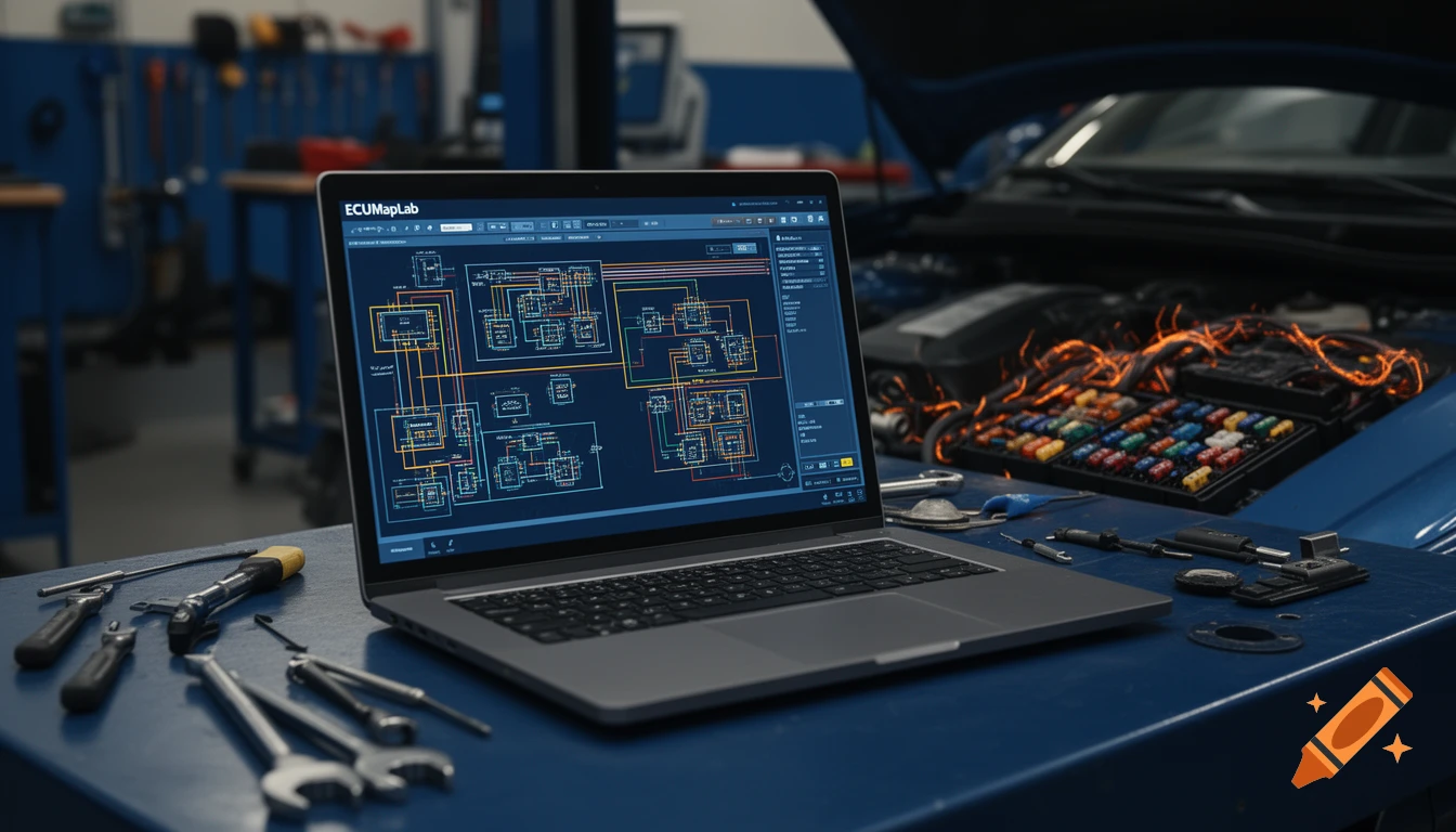 A laptop displaying car wiring diagrams and diagnostic software on a workshop bench with automotive tools and a car engine bay.