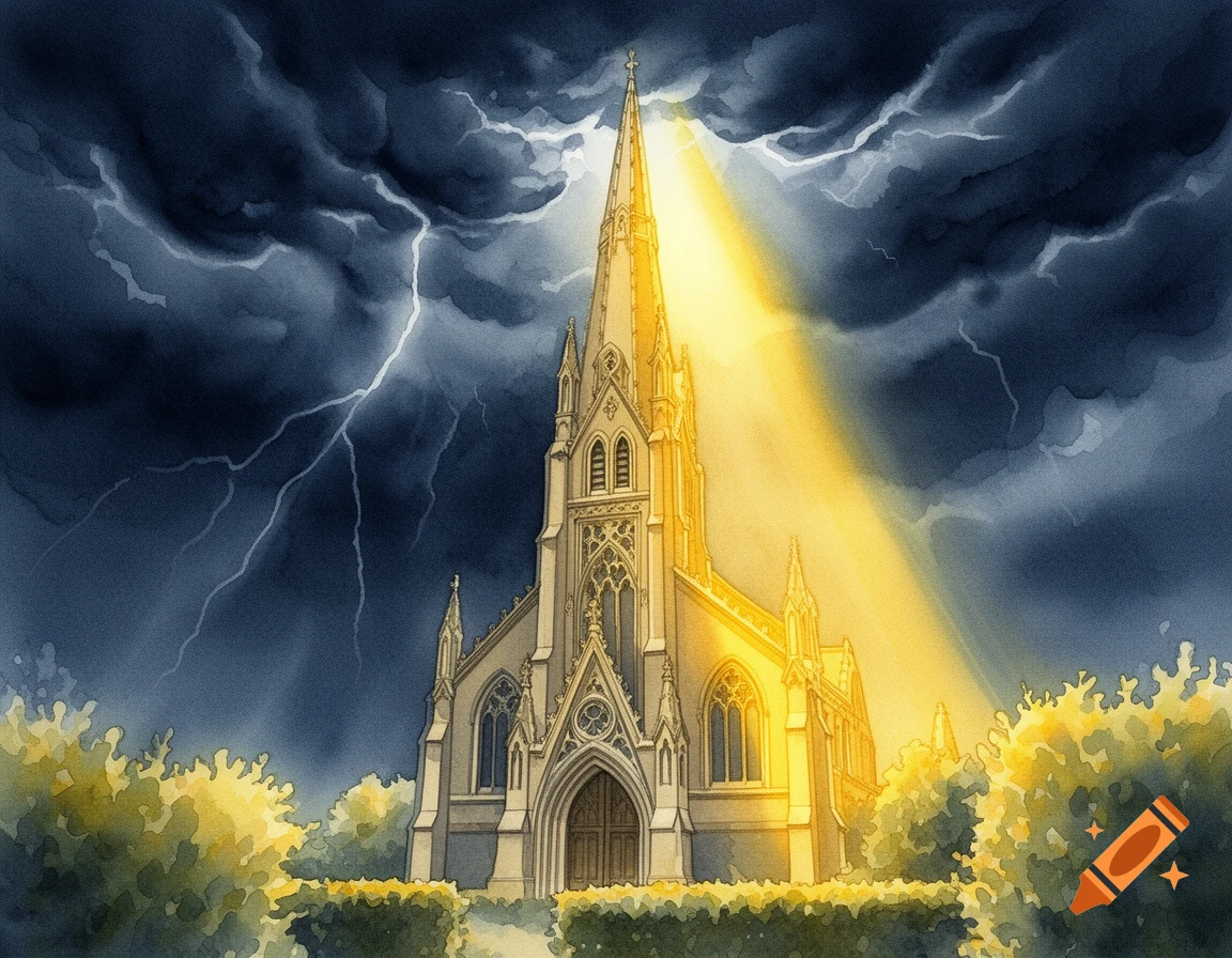 Watercolor painting of a gothic church with a spire illuminated by sunlight under a stormy sky with lightning.
