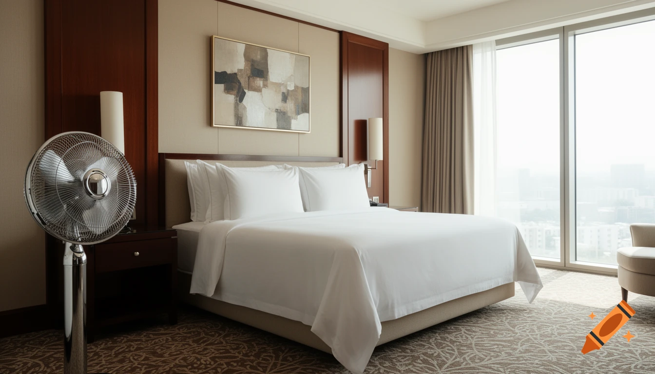 A bright, modern hotel room featuring a neatly made bed with white linens, a metallic pedestal fan, and a large window with a city view.