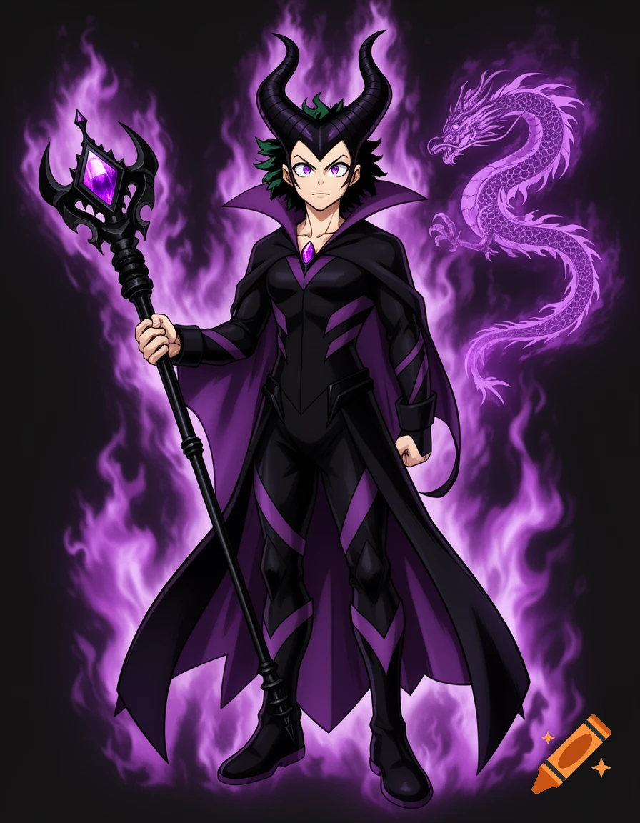 Anime hero in a black and purple Maleficent-inspired outfit, holding a magic staff, surrounded by purple flames and a spectral dragon.