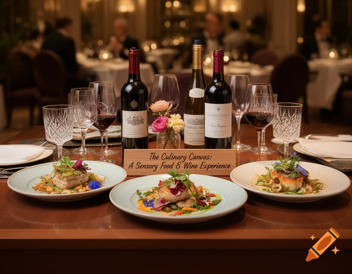 Photorealistic image of a fine dining table set with gourmet dishes, wine bottles, and glasses in an elegant restaurant.