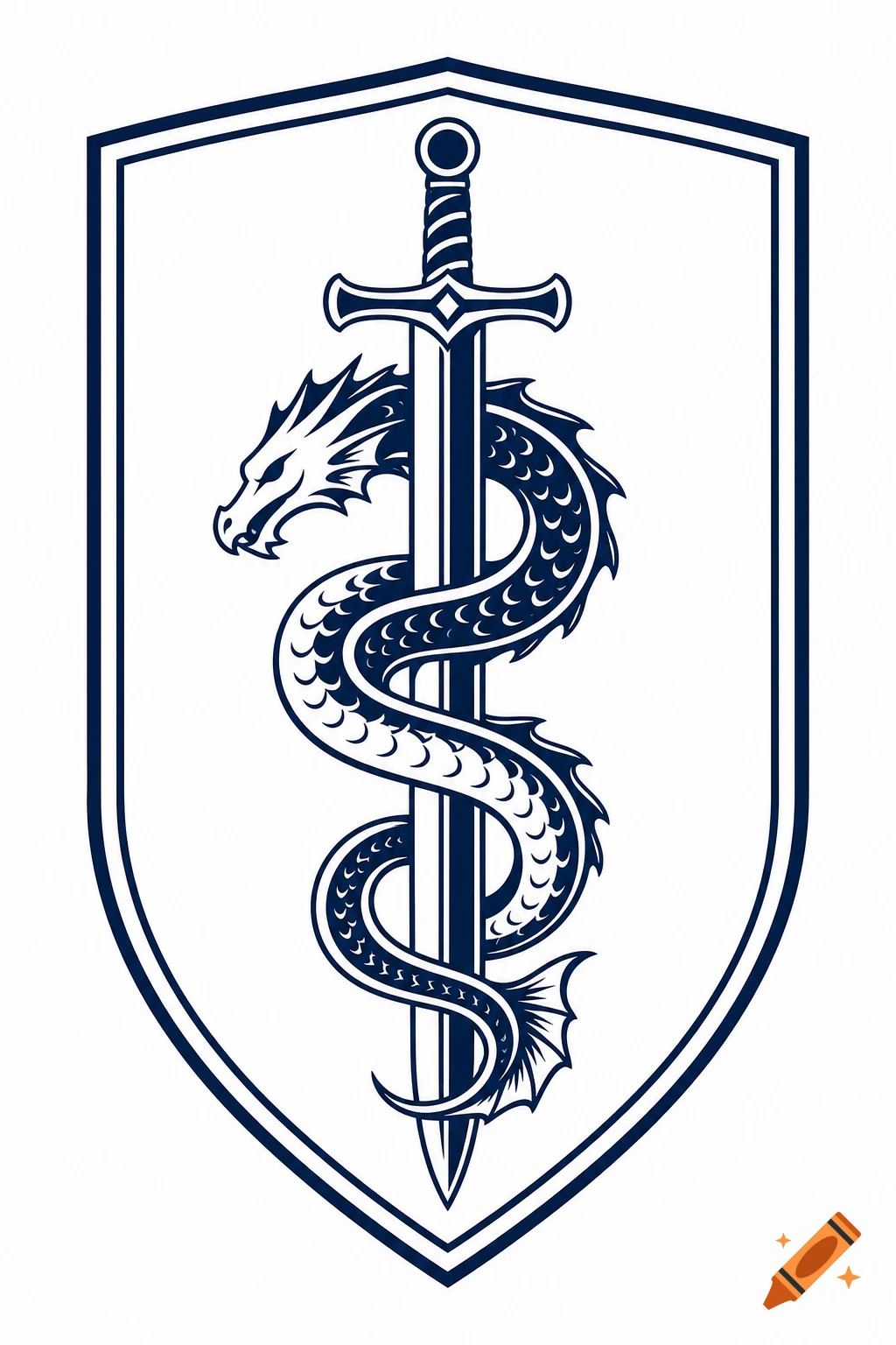 A stylized sea serpent wrapped around a sword within a shield, depicted in a simple, clean, blue and white heraldic style.