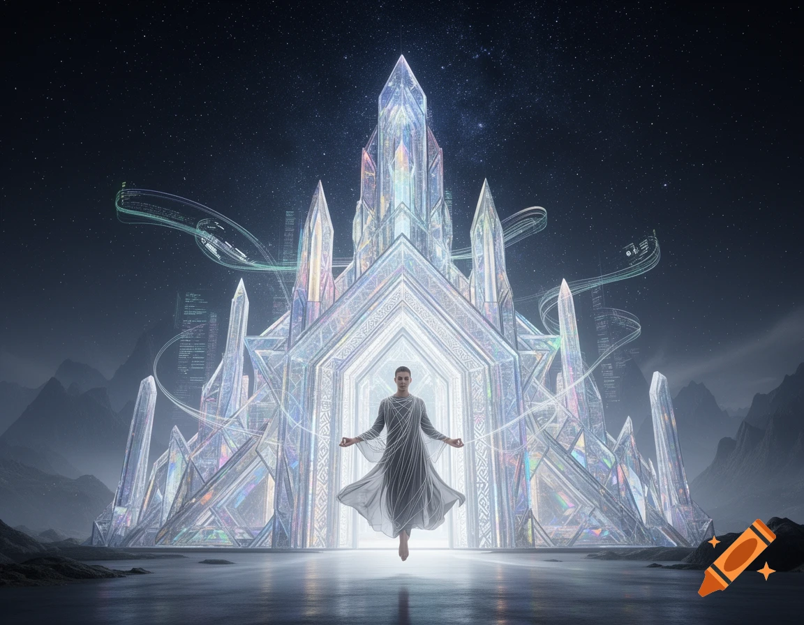 A person floats before a massive, glowing crystal castle under a starry night sky, with holographic data streams swirling around the structure. Photorealistic.