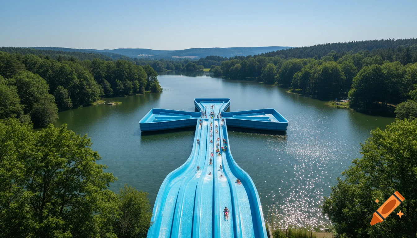 Aerial view of a large blue cross-shaped water slide with people, extending into a lake surrounded by green forests.