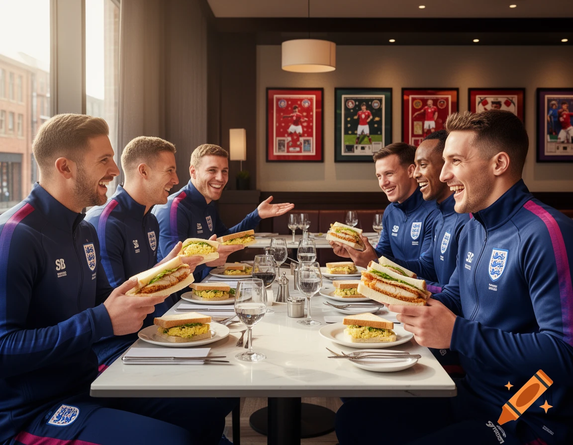 Six male England football players, in blue tracksuits, laugh while eating sandwiches at a restaurant table. Photorealistic.