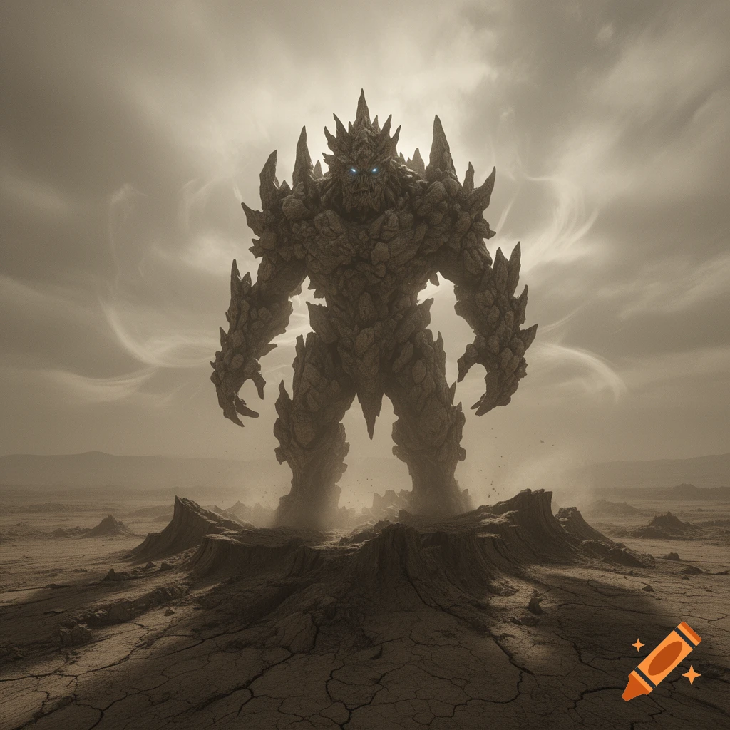 A massive, spiky rock monster with glowing blue eyes stands in a desolate cracked desert under a dramatic sky.