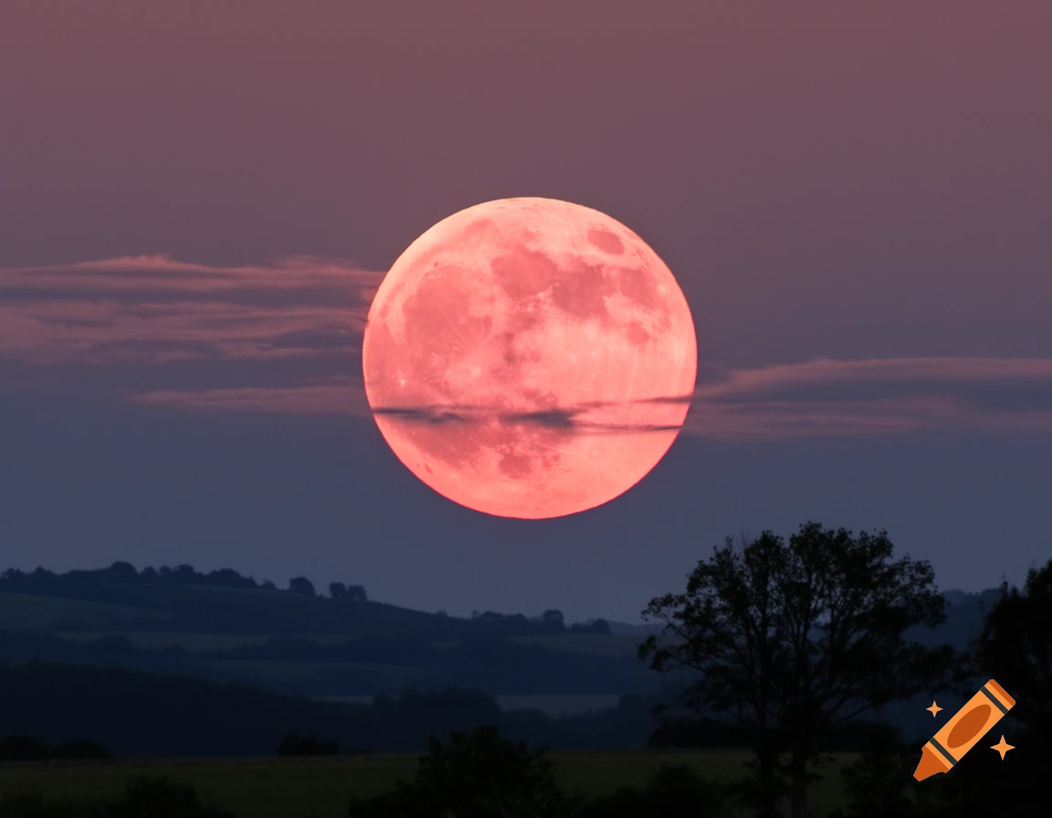 A large, bright red full moon hangs over a dark landscape with rolling hills and silhouetted trees at twilight.