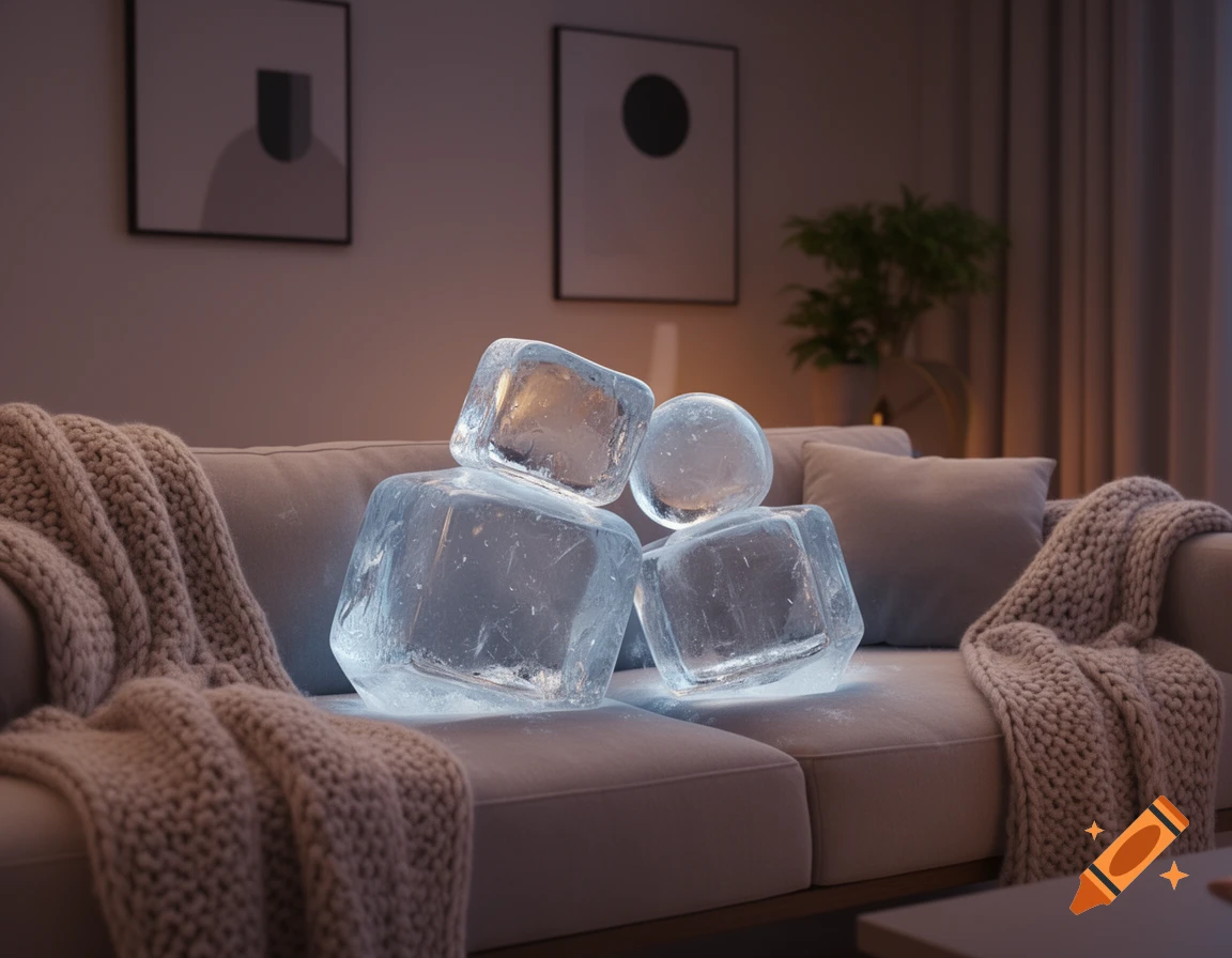 Two large, glowing ice cubes cuddle on a light grey sofa with knitted blankets in a cozy living room. Photorealistic.