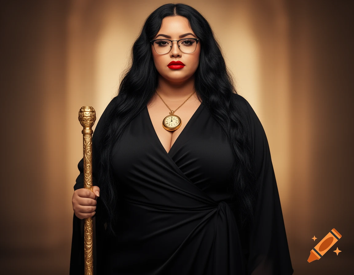 A confident woman with long black hair, glasses, and red lips wears a black robe, a golden locket, and holds a golden staff in a studio portrait.
