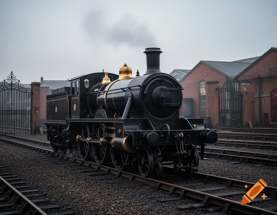 A photorealistic black and gold steam locomotive sits on train tracks in a depot with brick buildings under a cloudy sky.