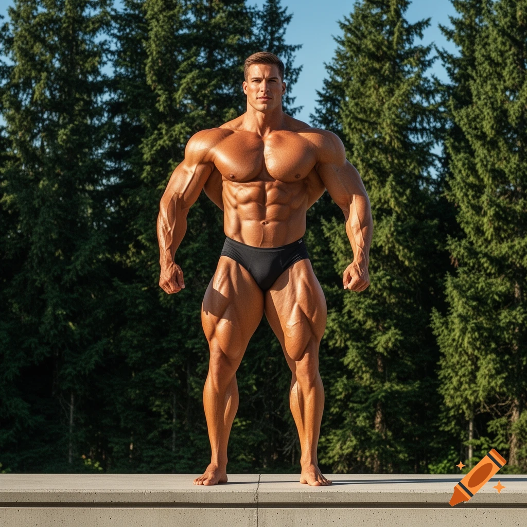 A heavily muscled bodybuilder in black posing trunks stands outdoors against a backdrop of green pine trees and a blue sky.