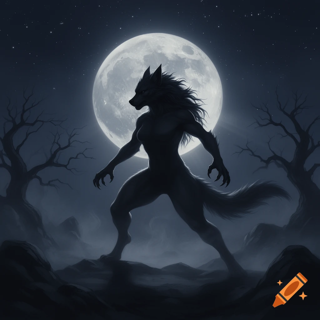 Silhouette of a muscular female werewolf standing on a misty hill against a bright full moon, surrounded by bare trees.