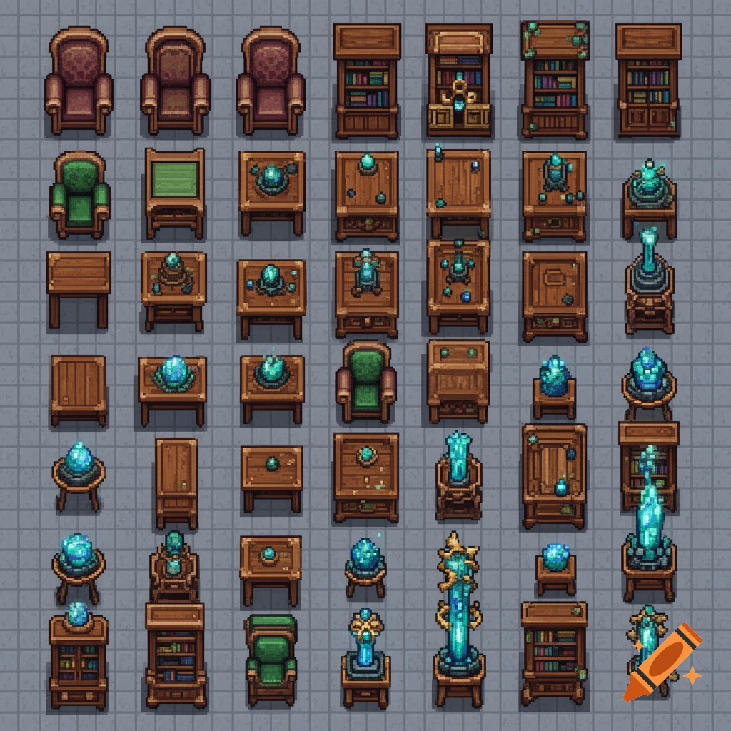 Top-down pixel art tilesheet of fantasy furniture and objects, including chairs, tables, bookshelves, and glowing crystals.