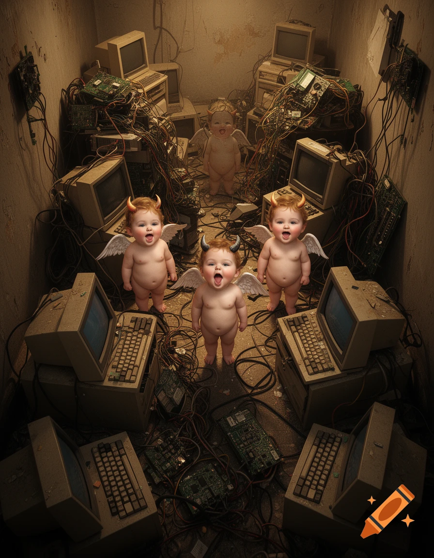 Three cute, bare-bottomed baby cherubs with devil horns and wings stand among piles of vintage computers and electronic junk in a narrow, gritty room, rendered in a hyperrealistic style.