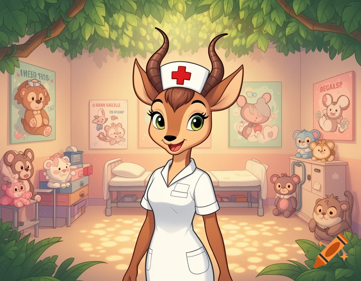 A smiling cartoon gazelle nurse in a white uniform stands in a child-friendly hospital room with beds and stuffed animal posters.