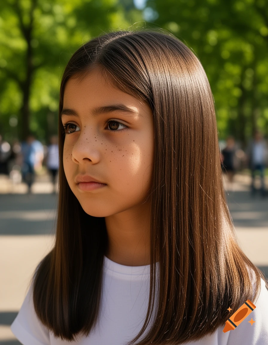 Photorealistic portrait of a young girl with long, straight brown hair and freckles, looking left in a park.