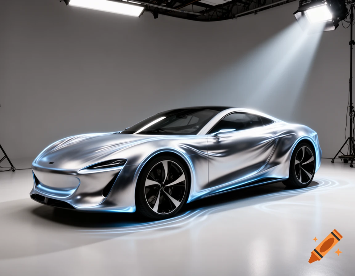 A sleek, metallic silver futuristic sports car with glowing blue accents parked in a brightly lit studio under spotlights.