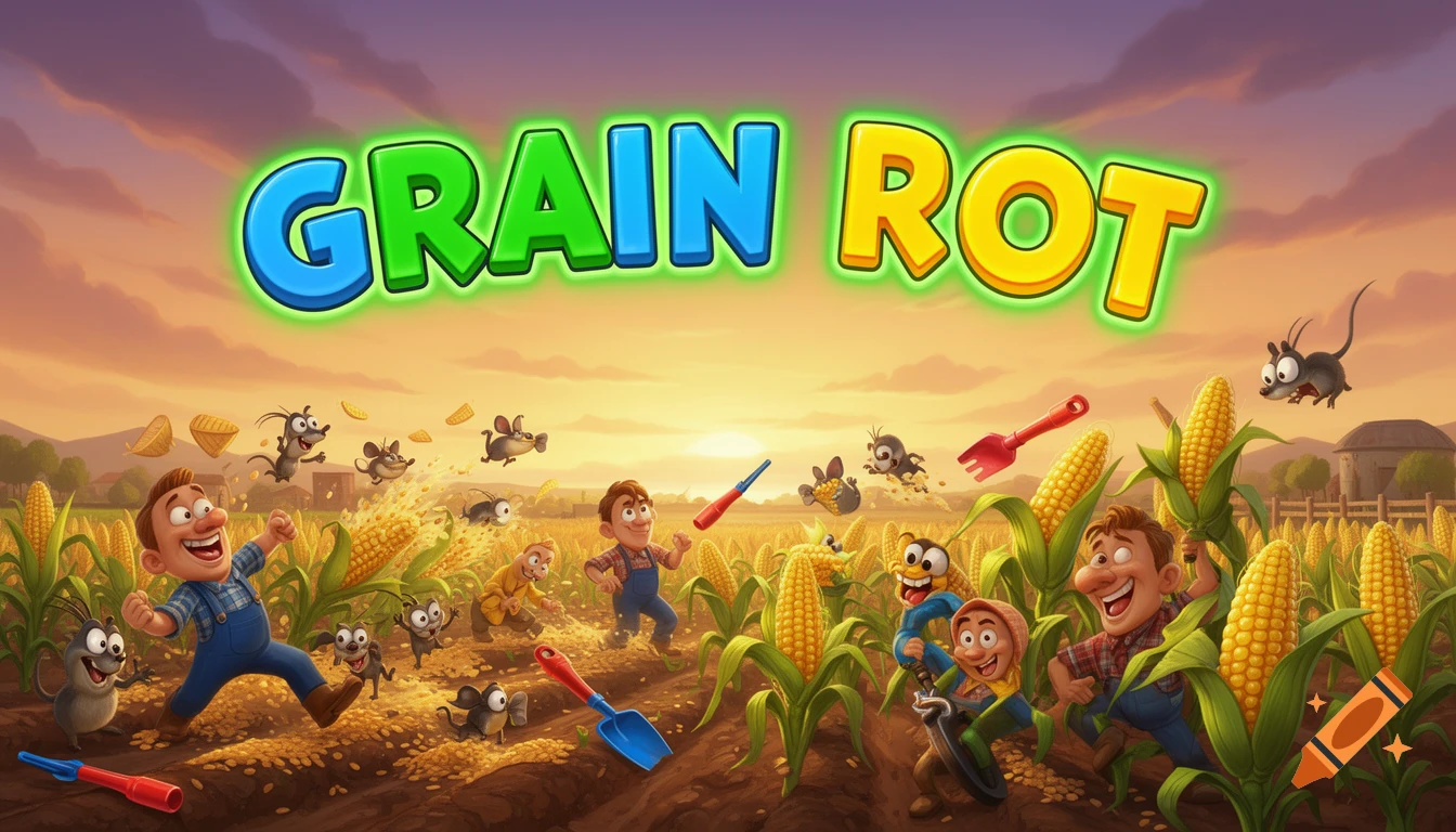 Vibrant cartoon game art showing farmers chasing mice through a cornfield at sunset with the title GRAIN ROT.