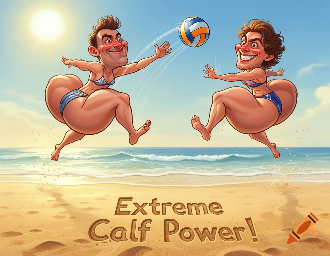 Caricature of two muscular people with exaggerated calves jumping to play beach volleyball on a sunny beach. Text 'Extreme Calf Power!' on sand.