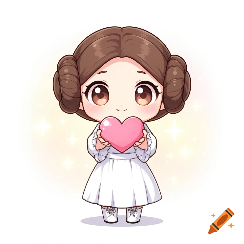 A cute chibi Princess Leia in a white dress holds a pink heart, smiling with large brown eyes against a sparkling background.