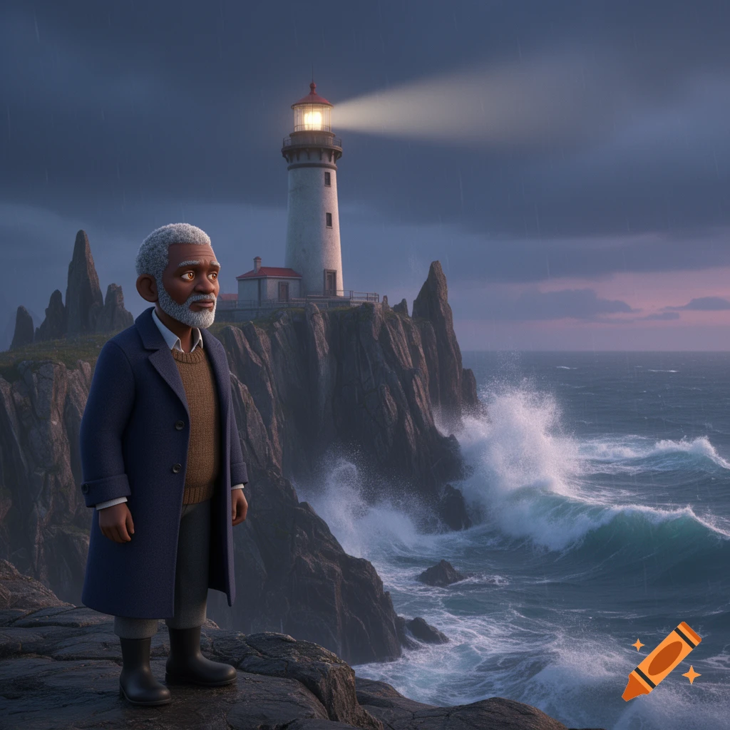 3D Pixar style image of an elderly man in a coat standing on stormy cliffs with a lighthouse and crashing waves.