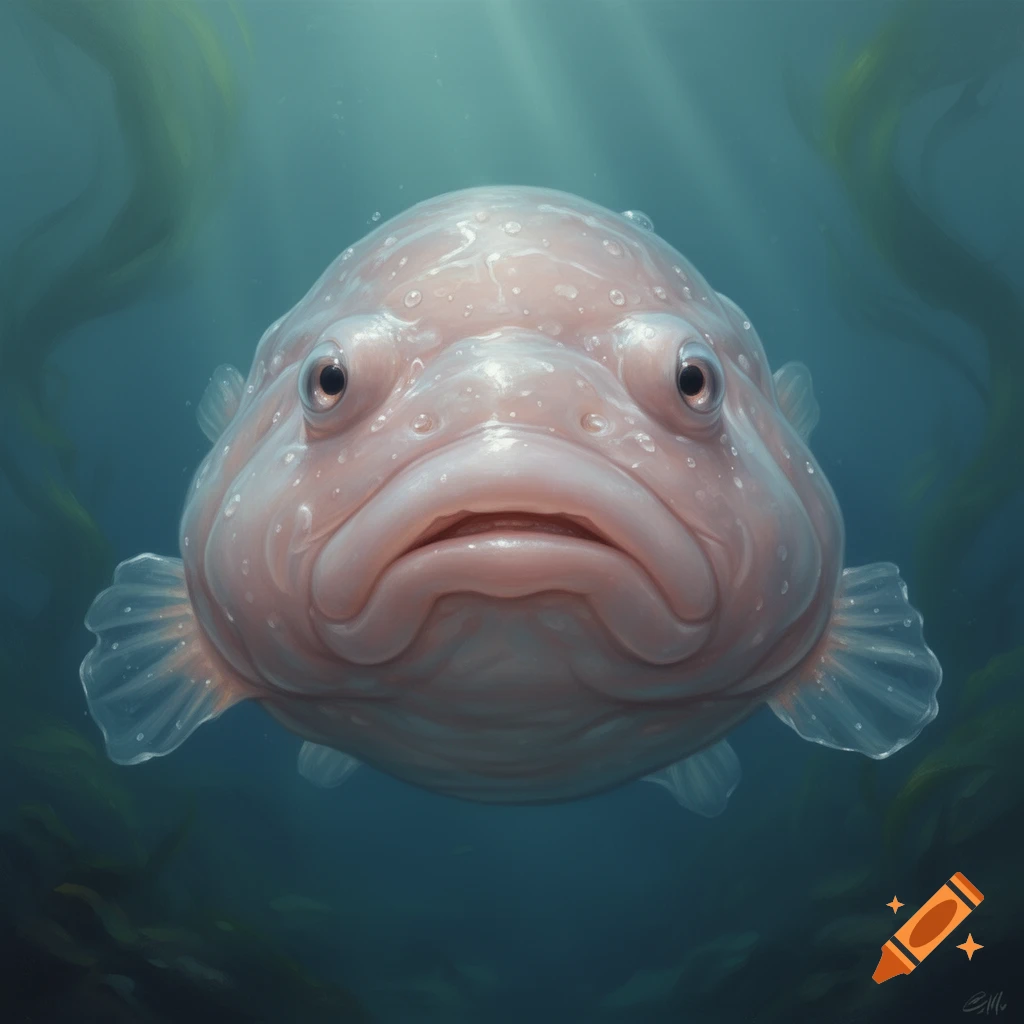 A close-up digital art rendering of a pink blobfish with a sad expression, floating in deep blue water with blurry green plants.