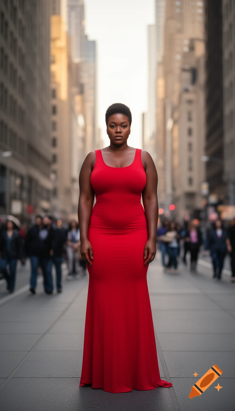 Photorealistic portrait of a Black woman in a long red dress standing in the middle of a city street with blurry crowds.