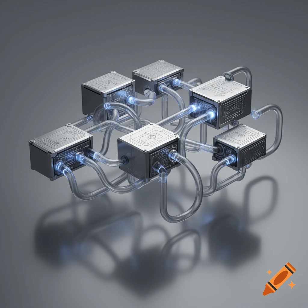 A cluster of six rectangular boxes with translucent tubes connecting them, glowing with blue light, on a reflective gray surface.