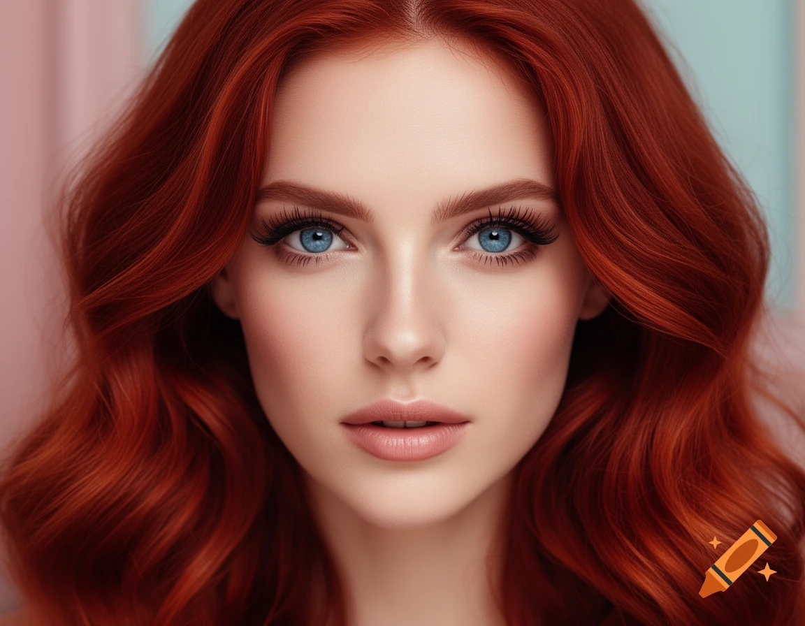 Close-up photorealistic portrait of a woman with wavy red hair and piercing blue eyes.