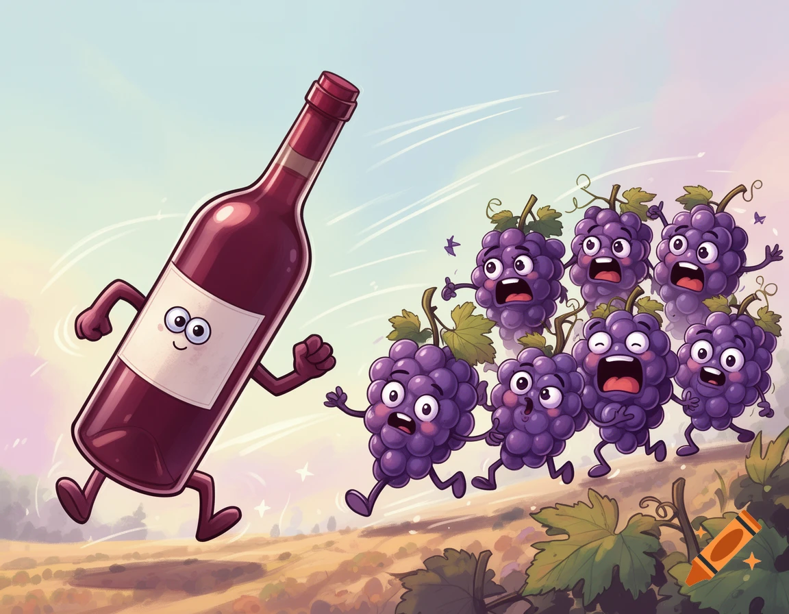 A happy cartoon wine bottle with legs chases a group of scared cartoon grapes through a vineyard under a sunny sky.