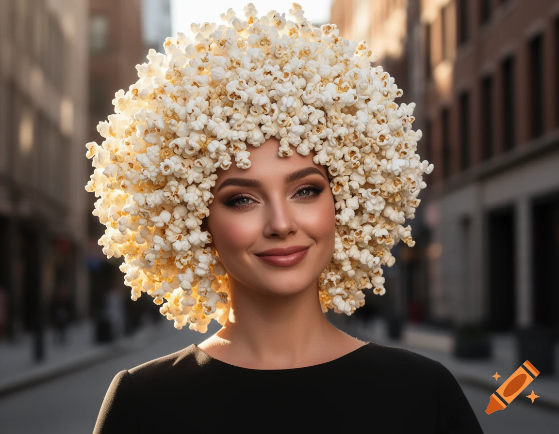 Photorealistic portrait of a young woman with a head of fluffy popcorn for hair, smiling on a city street.