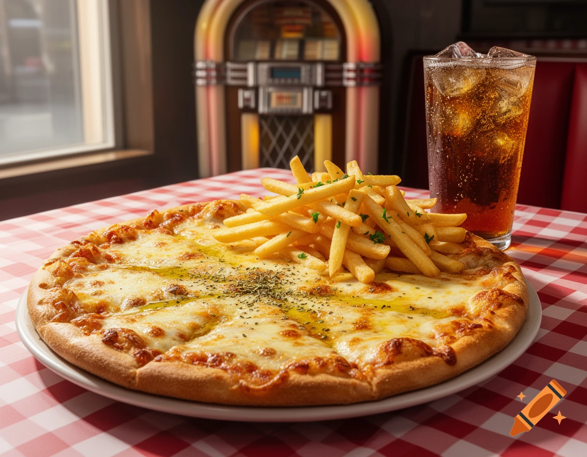 A photorealistic image of a cheese pizza with herbs, a side of french fries, and a glass of soda on a checkered tablecloth in a diner.
