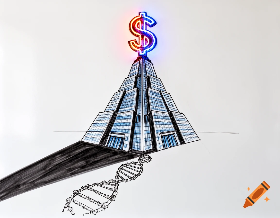 Hand-drawn sketch of a corporate pyramid skyscraper with a neon dollar sign on top, casting a shadow over a broken DNA strand.