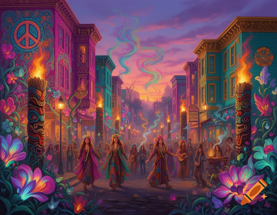 Vibrant, psychedelic street scene depicting a Haight-Ashbury style district. Colorful buildings line a street filled with people in hippie attire, glowing tiki torches, and large, bright flowers in the foreground. Pink and purple smoke trails rise into a sunset sky.