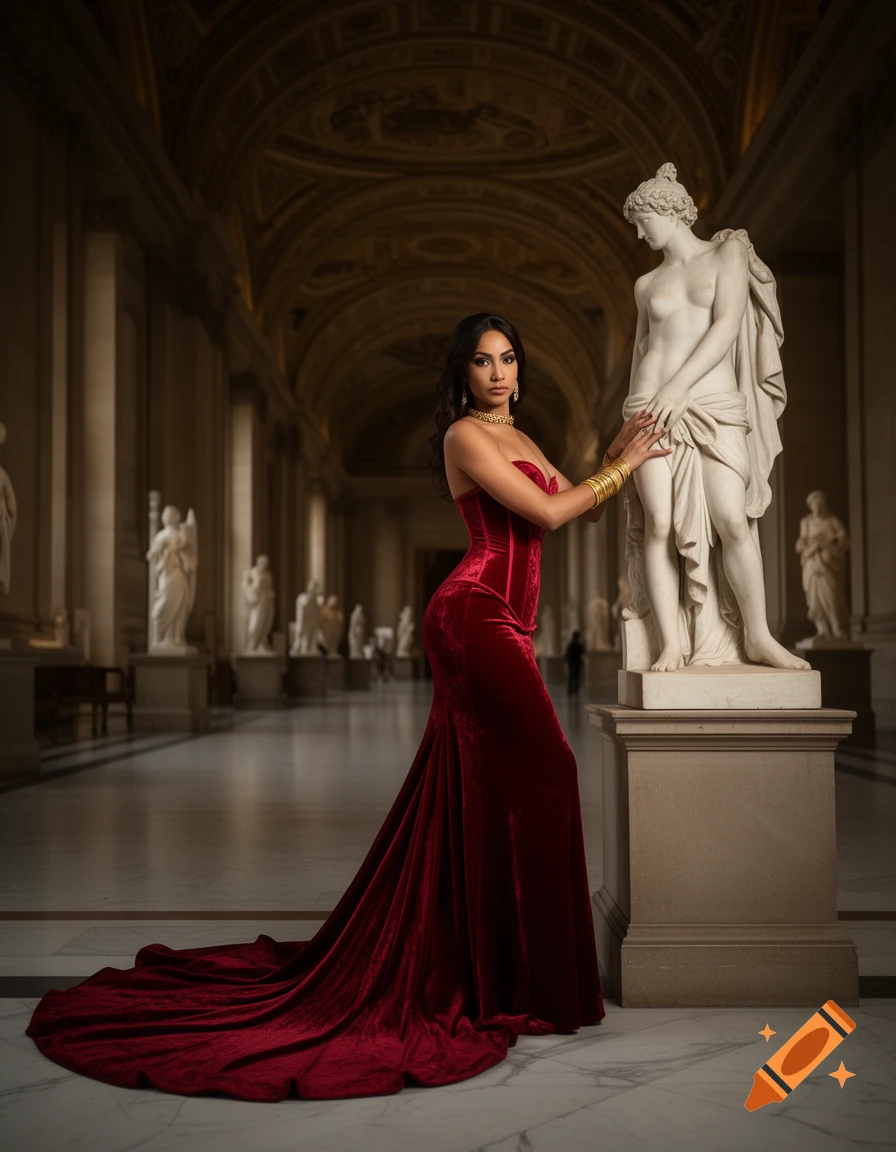 A woman in a red velvet gown poses next to a classical marble statue in a grand museum hall, photorealistic style.